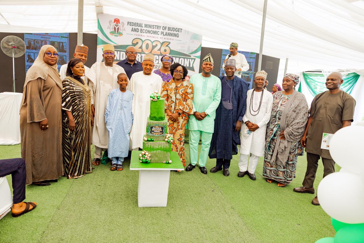 The Hon. Minister for Budget and Economic Planning Senator Abubakar Atiku Bagudu CON, the Permanent Secretary, FMBEP Dr. Deborah Odoh, (both center), during the Send forth ceremony for FMBEP Officers who retired from service for year 2026, on 30 October, 2026 at the Ministry's premises